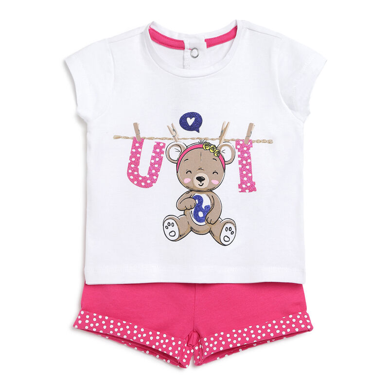 Girls Dark Pink Printed 2 Pc Set T-shirt with Short Trouser image number null